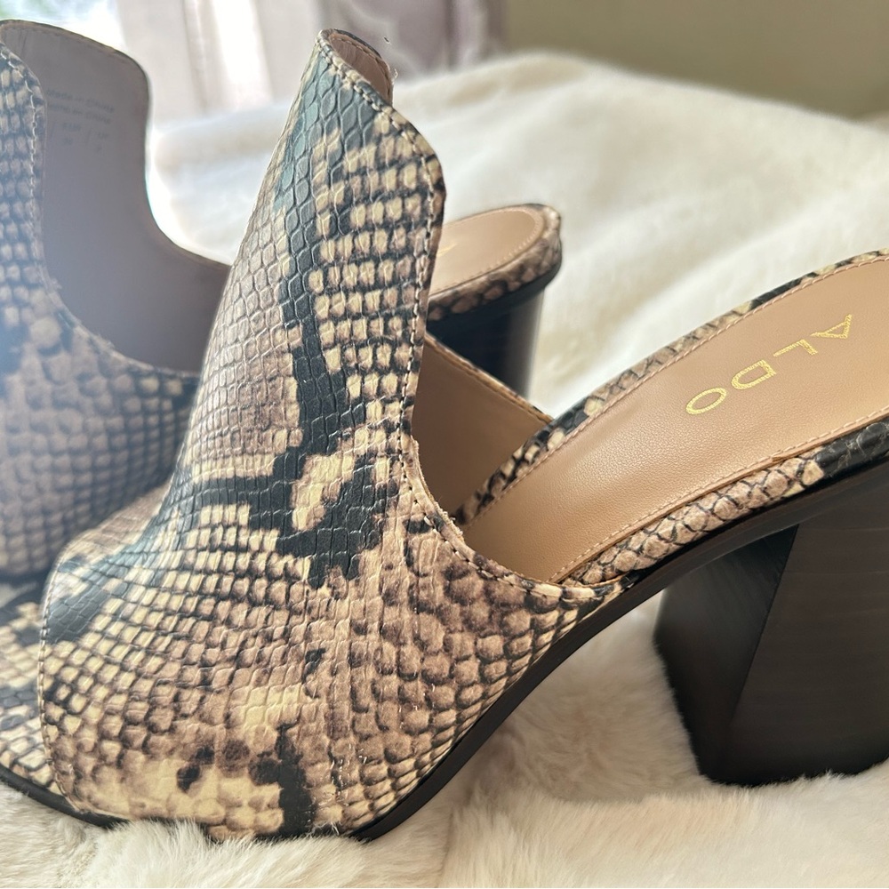 Aldo Snakeskin Open Toe Mules.